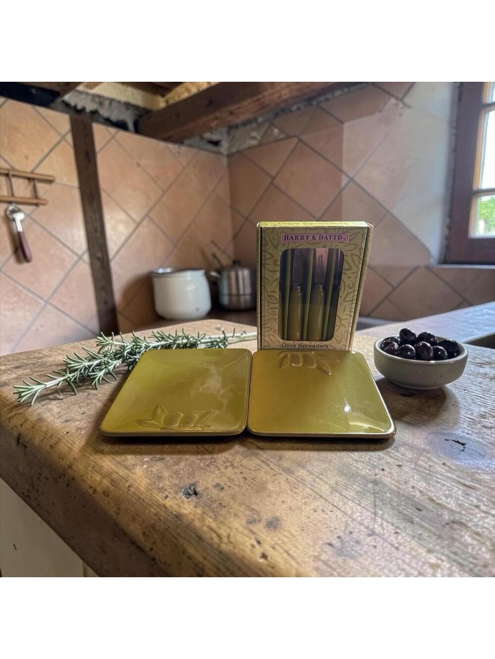 Harry & David Olive Spreaders Set of 4 Green Handles + 2 Square 6" Plates